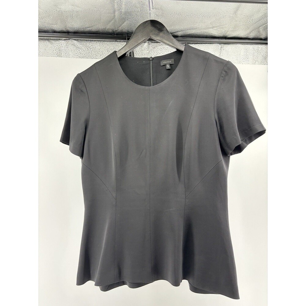 Theory Korla Fountain | M Medium Black Short Sleeve Peplum Top Back Zip